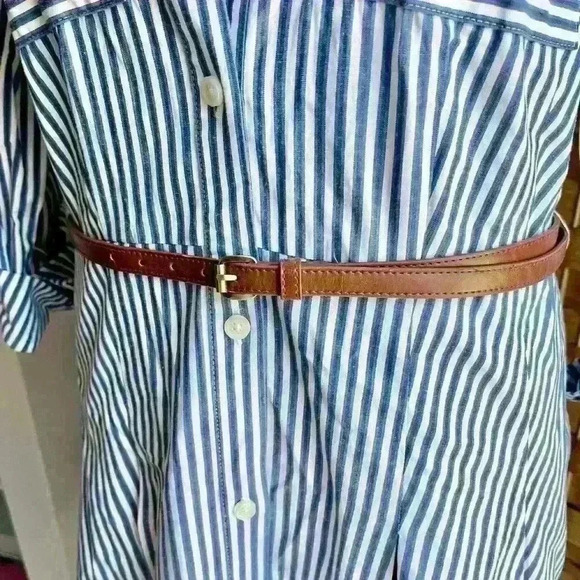 Michael Kors Blue Pin Stripe Belted Midi Button Down Dress - Picture 3 of 12